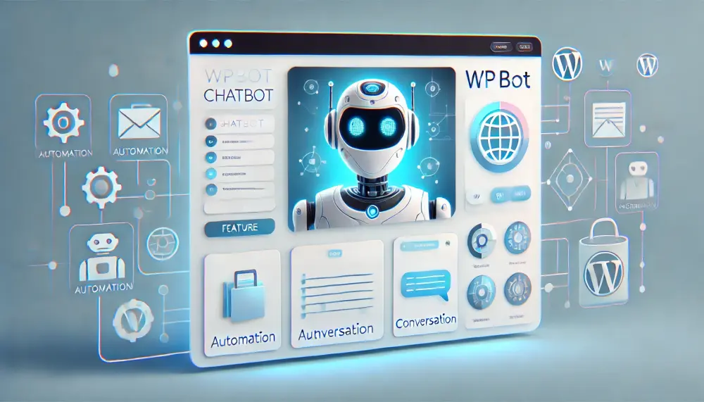 DALL·E 2024 12 16 00.07.35 A feature image for the 'WPBot' WordPress plugin. The image shows a futuristic chatbot interface on a WordPress site, surrounded by icons representing