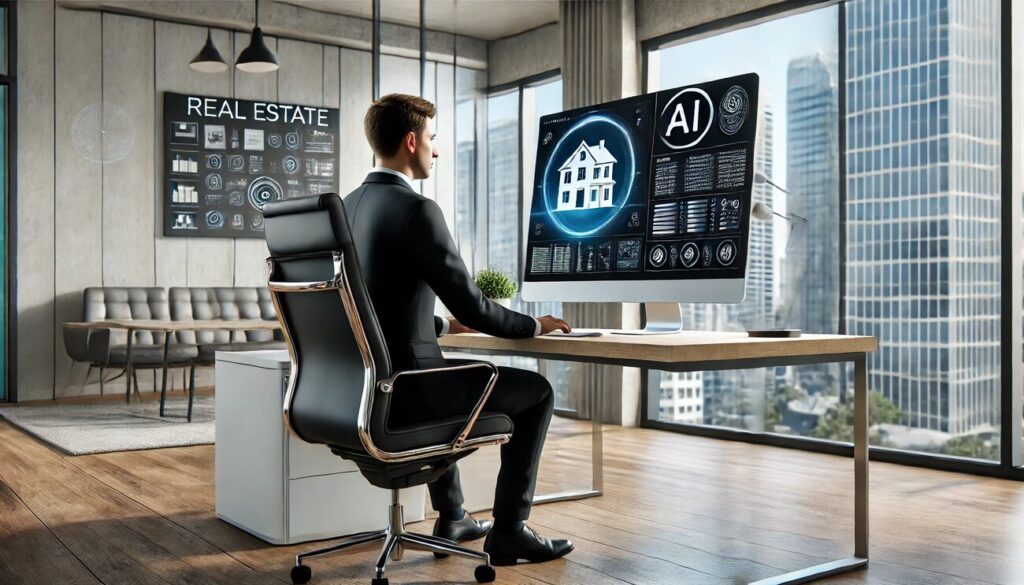 A realistic image of a real estate agent sitting at a desk in a modern office, using a large monitor with an AI powered real estate tool interface to .jpg